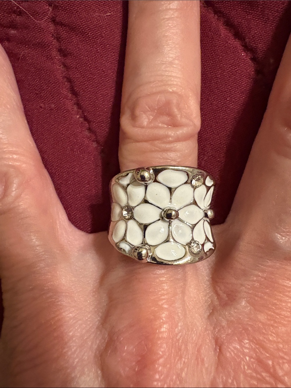Size 6 White Enamel Floral Dome Ring - Women's Fashion Jewelry